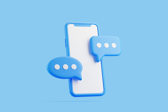 Blue smartphone with a blank screen surrounded by blue chat bubbles, representing online messaging and communication on a blue background. 3D render illustration