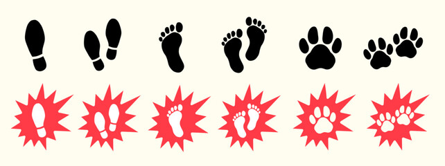Human footprint icon, animal paw print icon, Shoe print trace icon, Vector illustration