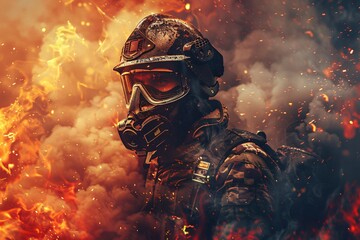 Firefighter battling a raging inferno courage personified amidst the flames and smoke - obrazy, fototapety, plakaty