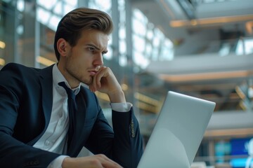Serious thinking businessman working inside office building, man pondering important decision, boss in business suit using laptop at work, Generative AI