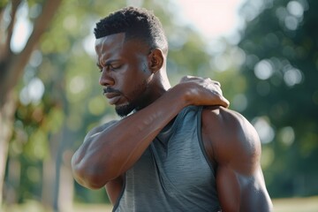 A man injured his shoulder during a fitness class, an African-American man injured himself while jogging in the park, stretches his arm and massages his sore muscles, Generative AI - obrazy, fototapety, plakaty