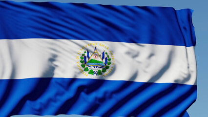 Close-up of the national flag of El Salvador flutters in the wind on a sunny day