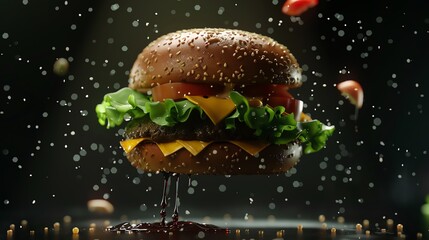 Capturing Culinary Artistry A Mesmerizing Display of a Hamburger Defying Gravity in Mid Air