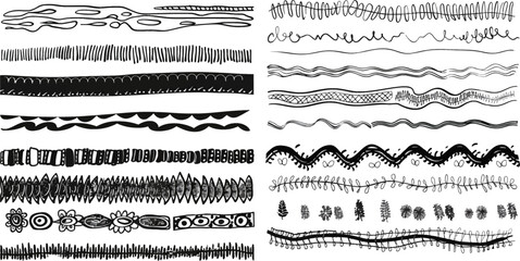 Set of Hand Drawn Black Doodle Line Borders - obrazy, fototapety, plakaty