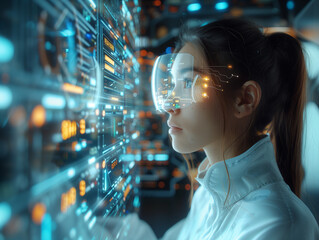 Woman in the future working in symbiosis with technology in front of holographic display and data