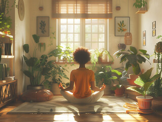 Woman meditating in her home in front of a window to relax