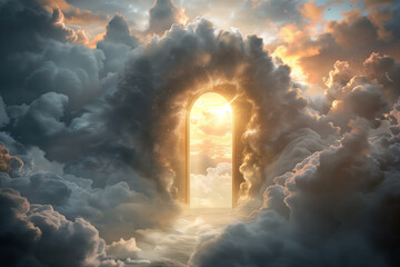  Ethereal Portal Among Clouds, a Gateway to Divine Light and Peace, Heaven. - obrazy, fototapety, plakaty