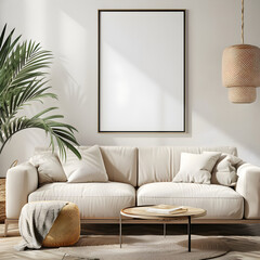 Living room wall poster mockup. Interior mockup with house background. Modern interior design. 3D render.