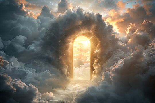  Ethereal Portal Among Clouds, a Gateway to Divine Light and Peace, Heaven.