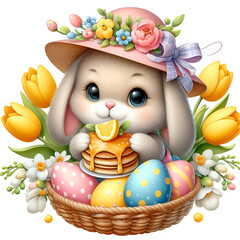 Obraz na płótnie Canvas Cute rabbit in a pink hat enjoying pancakes amidst yellow tulips