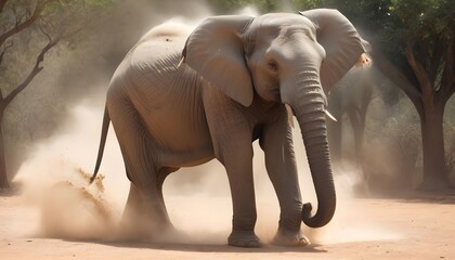 An Elephant Spraying Dust To Protect Its Skin - obrazy, fototapety, plakaty