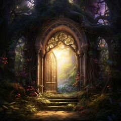 Fototapeta premium Enchanted Fairy Realms a door opens to a world of wonder