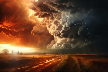 Enchanting tornado landscape the twist of wind and color under a sunset electric sky