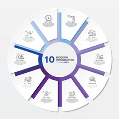 Blue tone circle infographic with 10 steps, process or options.