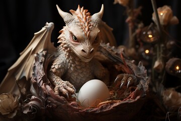 Obraz premium Newborn dragon in a nest of gems