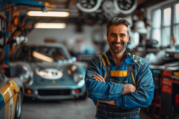 Fototapeta na wymiar Confident mechanic with arms crossed smiling in a car workshop with a rally car in the background