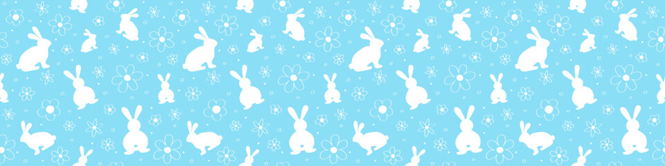 Minimalist Easter seamless pattern with bunnies and flowers. Design of a background for invitation, card and poster. Panoramic header. Vector illustration