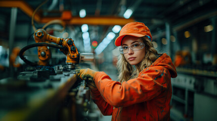 20s white female operator, working in a factory, arm robot machine. Wearing orange uniform. Concept of Industrial processes automated with artificial intelligence 