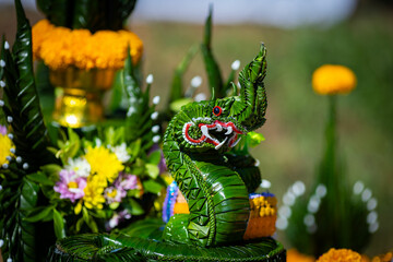 Phaya Naga made from green banana leaves for use in Buddhist shrine ceremonies by skilled craftsmen...