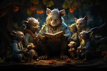 A storybook scene where a charming lovable beast shares magical tales with children in an imaginative