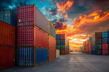 Fototapeta premium Stack of cargo container boxes with sunset background. 