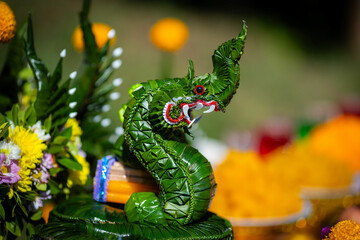 Green banana leaves, crafted by craftsmen into the shape of a Naga, are a beautiful green color and...