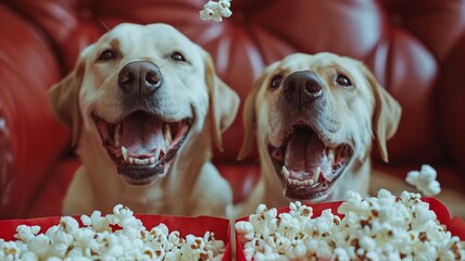 Two happy dogs catching popcorn during a cozy home movie night
