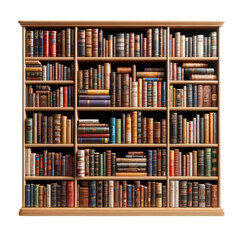 A large bookcase filled with books of various sizes and colors. The books are arranged in rows, with some books stacked on top of each other. The bookcase is made of wood and has a warm, inviting feel