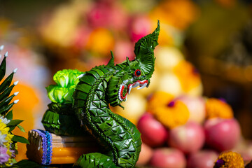 Phaya Naga made from green banana leaves for use in Buddhist shrine ceremonies by skilled craftsmen...
