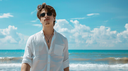A young European tourist strolls along the beach wearing a white dress and sunglasses. Ai generate.