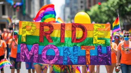 sign "PRIDE MONTH" IN red, orange, yellow,green, blue, purple colors