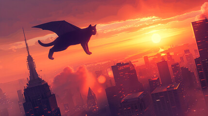 Sleek isometric 3D render of a cat as a superhero soaring above skyscrapers at sunset embodying courage