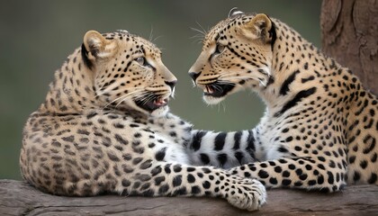 A Pair Of Leopards Grooming Each Other Affectionat