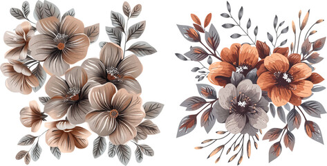 brown vector flowers bunches with grey leaves - obrazy, fototapety, plakaty