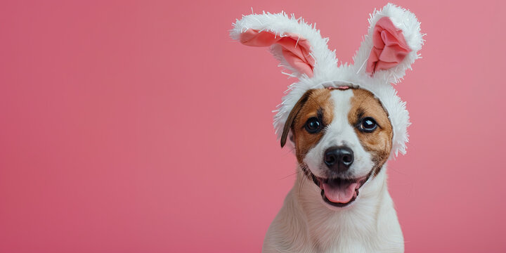 Cute Dog wearing Easter Bunny Ear on a Pink Background