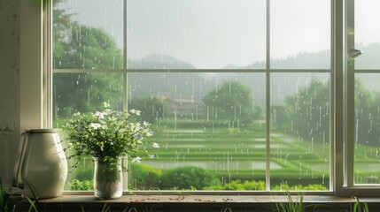 The corner of the aluminum window of the villa, a light rain, Outside the window are green rice field