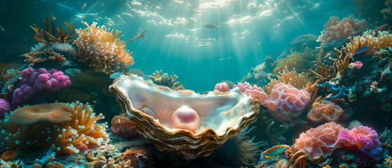Luxurious pearl resting in a shell surrounded by a vibrant coral reef.