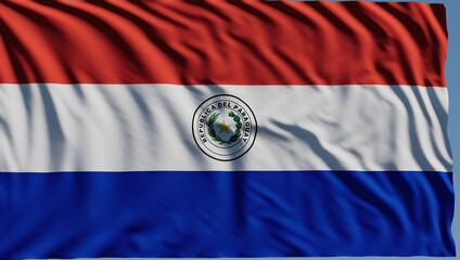 Close-up of the national flag of Paraguay flutters in the wind on a sunny day