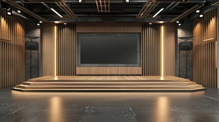 tv studio with a video wall as a background on one side and a tv screen on another side and wood elements in deco