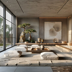 Tranquility of zen garden style interior design. Traditional asian japanese minimal decoration