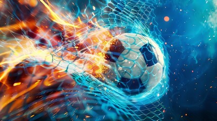 Soccer ball with fire in goal net bending blue with light bursts - obrazy, fototapety, plakaty