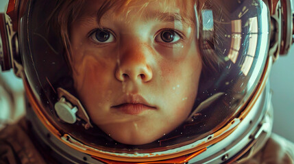 Little kid astronaut. Travel of the Future. The future of the children of all mankind. The concept of preserving our planet, the environment, and life on planet Earth.