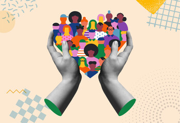 Diverse people in heart shape and human hands protecting vector card