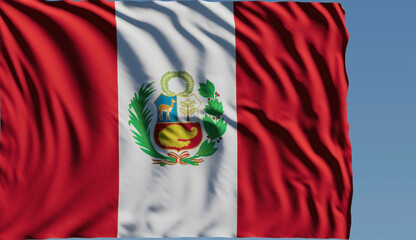 Close-up of the national flag of Peru flutters in the wind on a sunny day