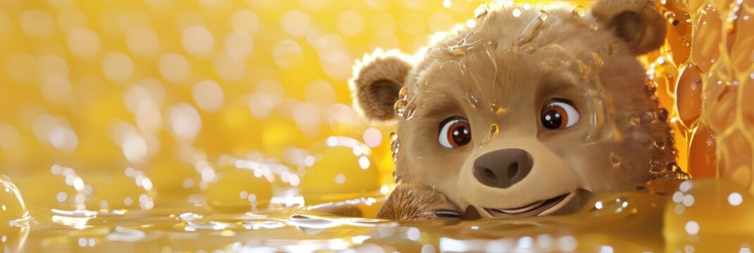 Delighted bear cub swimming in honey, concept of indulgence and sweet joy, evoking themes of abundance and playful delight