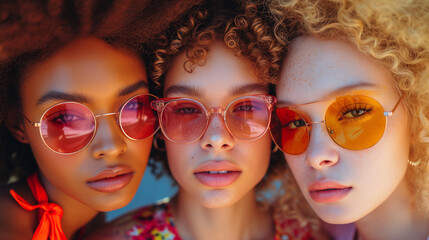 Obraz premium Portrait of three multi ethnic girls in summer vibes at the beach