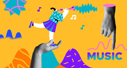 Woman musician playing clarinet and human hands retro collage illustration