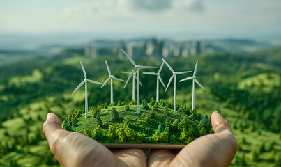 Fototapeta na wymiar Point of view of businessman hand holding landscape with eco wind turbine