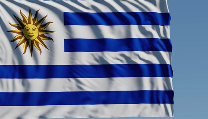 Close-up of the national flag of Uruguay flutters in the wind on a sunny day