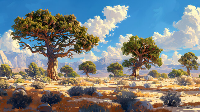 illustration of a group of scenic trees in desert, Islands, a collection of islets. Generative Ai